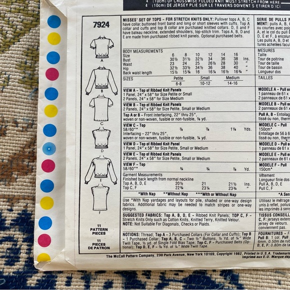 Vintage 1982 McCall's 7924 Sewing Pattern 80s Shirt Top Bateau Neckline Small S - Picture 2 of 2